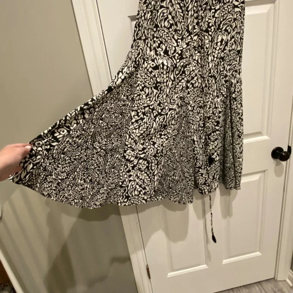 Zara Black white pattern tassel tie maxi skirt 16632